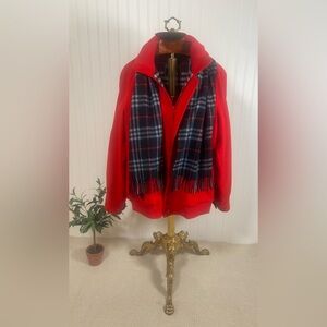 Burberrys Red Wool Alpaca Bomber Coat & Navy Plaid Cashmere Scarf - Vintage